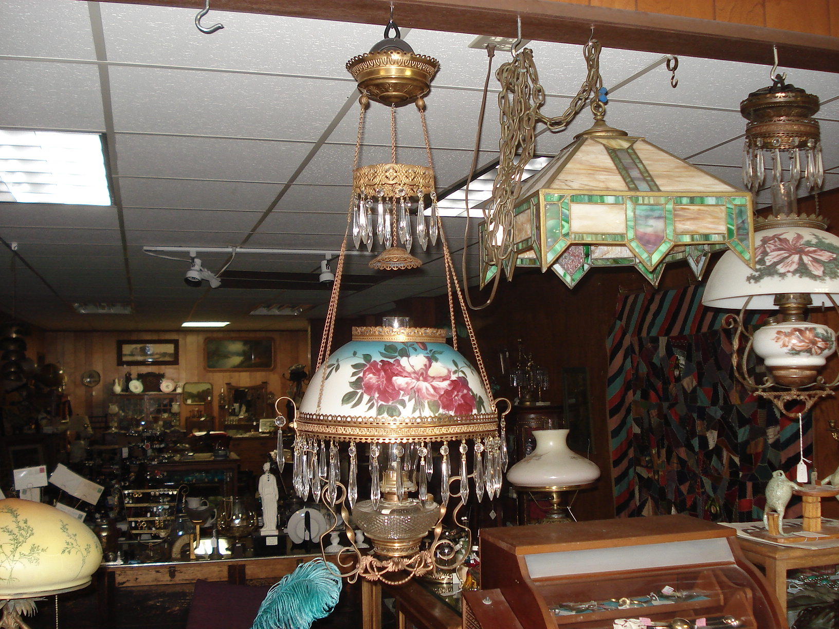 Item Gallery Items Dsc08440 Left Victorian Hanging Library Lamp With Glass Shade Right Flat Slag Panels Sold